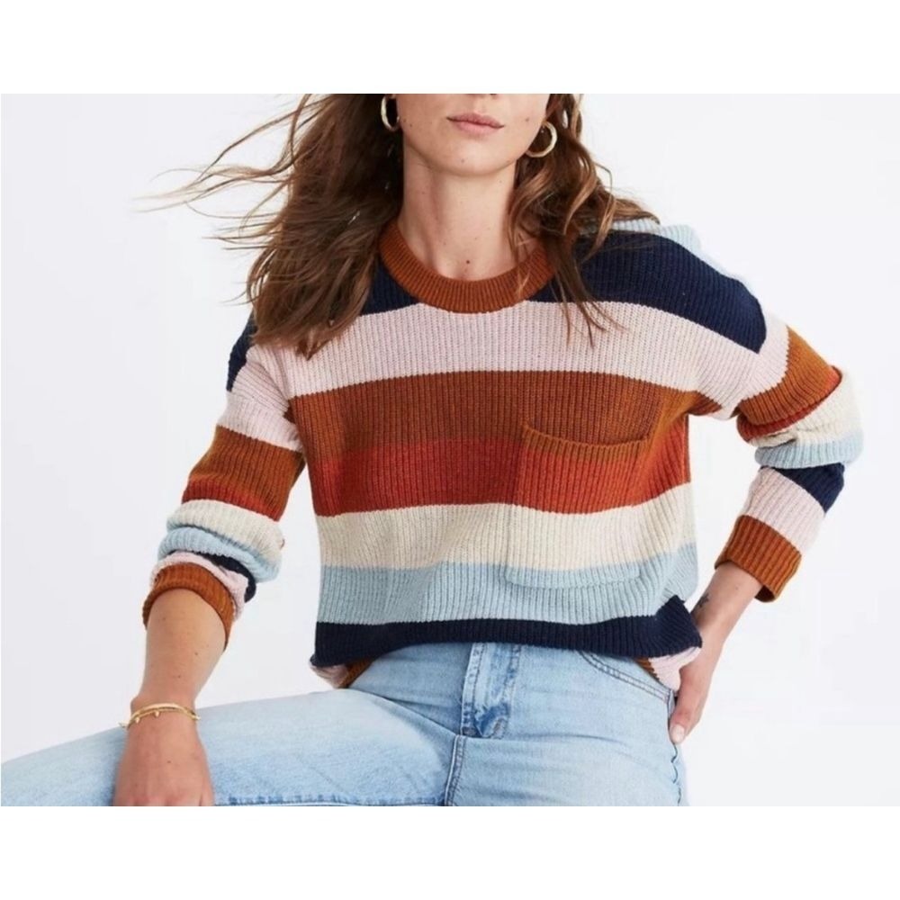 Madewell Thompson Striped Colorblock Crewneck Pocket Sweater Cotton Cozy XS